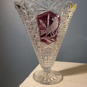 Vintage Hofbauer Byrdes Crystal Collection Clear Cut G& Ruby Red Fan Vase